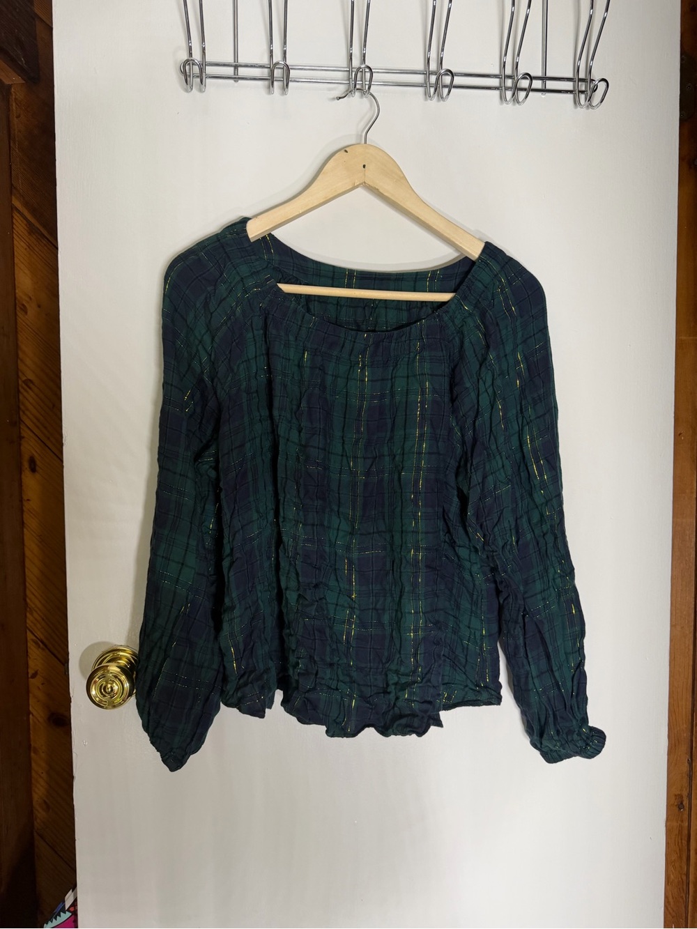 Tommy Bahama Green and Navy Plaid Metallic-Thread Peasant Blouse